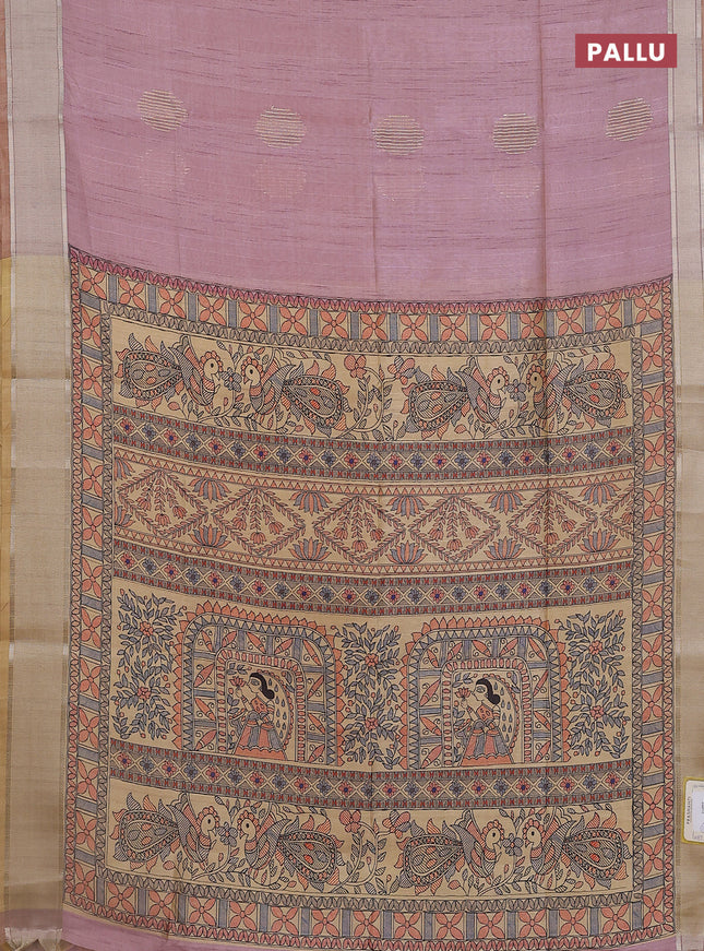 Semi dupion saree peach pink with zari woven buttas and madhubani printed pallu & blouse