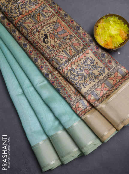 Semi dupion saree teal green with zari woven buttas and madhubani printed pallu & blouse