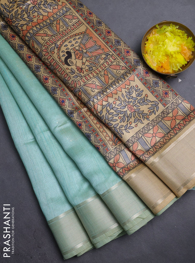 Semi dupion saree teal green with zari woven buttas and madhubani printed pallu & blouse