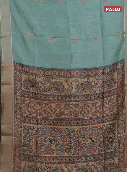 Semi dupion saree teal green with zari woven buttas and madhubani printed pallu & blouse