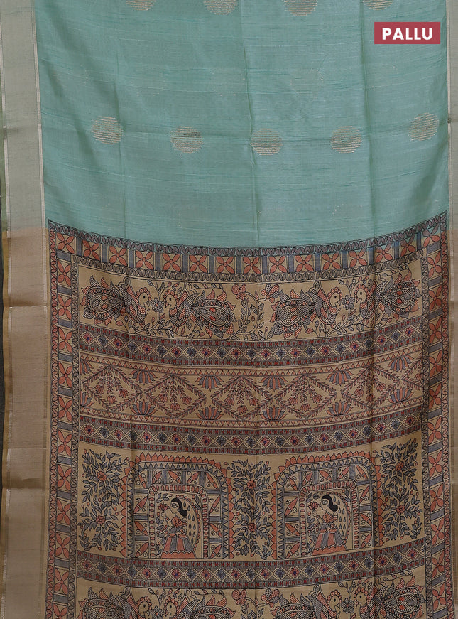 Semi dupion saree teal green with zari woven buttas and madhubani printed pallu & blouse