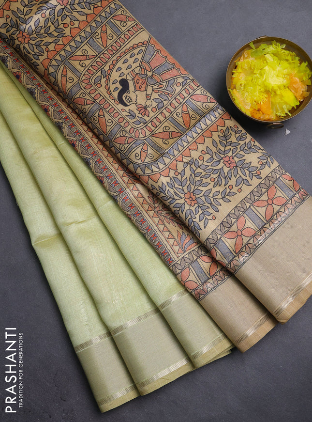Semi dupion saree pista green with zari woven buttas and madhubani printed pallu & blouse