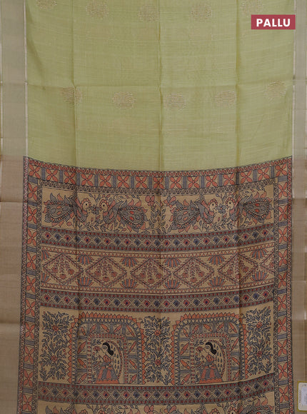 Semi dupion saree pista green with zari woven buttas and madhubani printed pallu & blouse