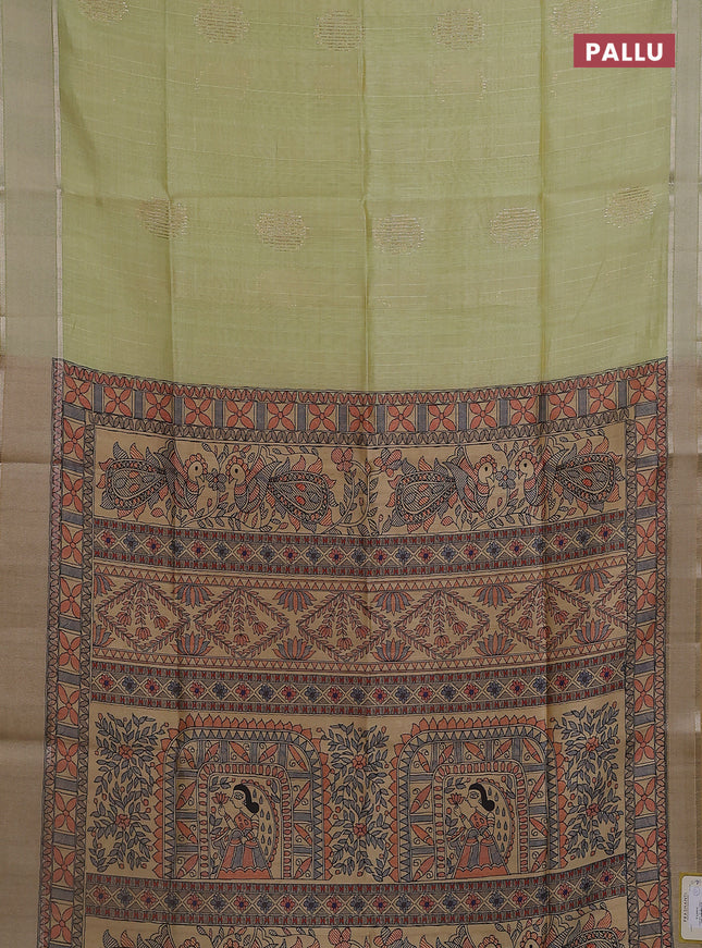 Semi dupion saree pista green with zari woven buttas and madhubani printed pallu & blouse