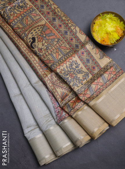 Semi dupion saree pastel grey with zari woven buttas and madhubani printed pallu & blouse