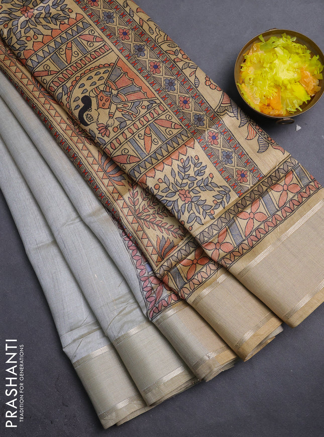 Semi dupion saree pastel grey with zari woven buttas and madhubani printed pallu & blouse