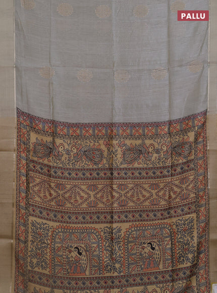 Semi dupion saree pastel grey with zari woven buttas and madhubani printed pallu & blouse