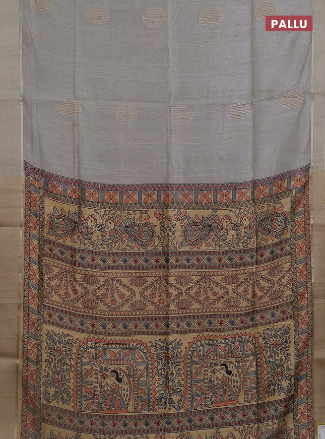 Semi dupion saree pastel grey with zari woven buttas and madhubani printed pallu & blouse