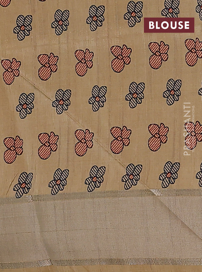 Semi dupion saree pastel grey with zari woven buttas and madhubani printed pallu & blouse