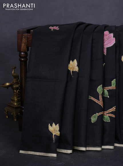 Kota saree black with hand prints & kantha stitch work and zari woven piping border