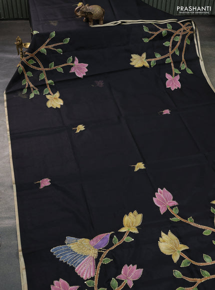 Kota saree black with hand prints & kantha stitch work and zari woven piping border