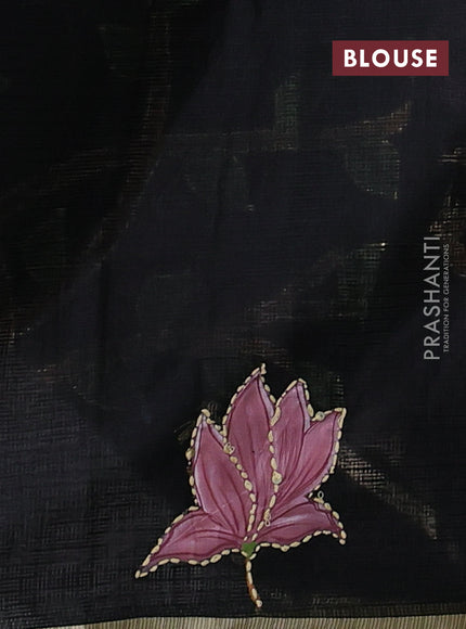 Kota saree black with hand prints & kantha stitch work and zari woven piping border