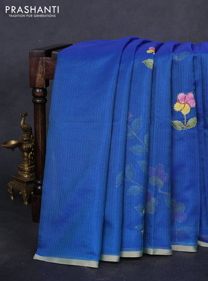 Kota saree dual shade of bluish green with hand prints & kantha stitch work and zari woven piping border