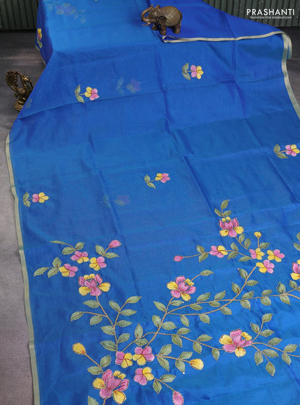Kota saree dual shade of bluish green with hand prints & kantha stitch work and zari woven piping border