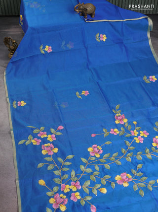 Kota saree dual shade of bluish green with hand prints & kantha stitch work and zari woven piping border