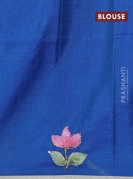 Kota saree dual shade of bluish green with hand prints & kantha stitch work and zari woven piping border