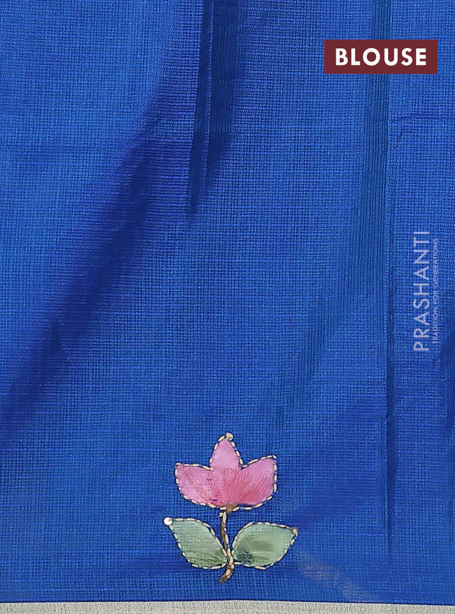 Kota saree dual shade of bluish green with hand prints & kantha stitch work and zari woven piping border