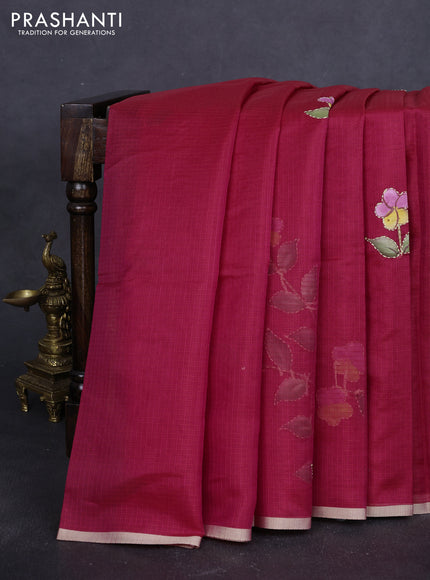 Kota saree pink with hand prints & kantha stitch work and zari woven piping border