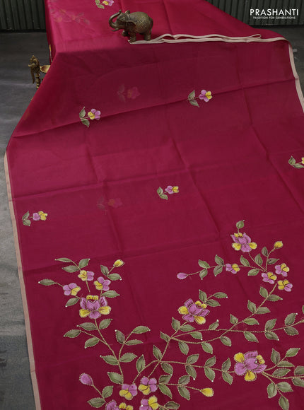 Kota saree pink with hand prints & kantha stitch work and zari woven piping border