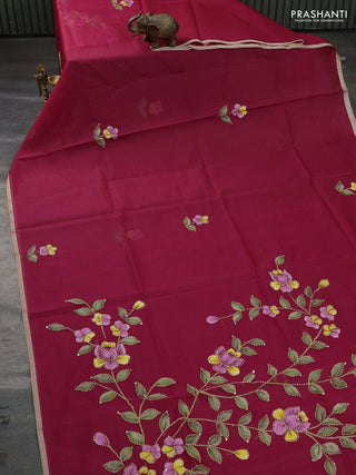 Kota saree pink with hand prints & kantha stitch work and zari woven piping border