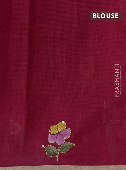 Kota saree pink with hand prints & kantha stitch work and zari woven piping border