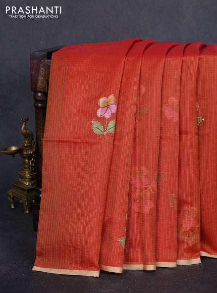 Kota saree rustic orange with hand prints & kantha stitch work and zari woven piping border