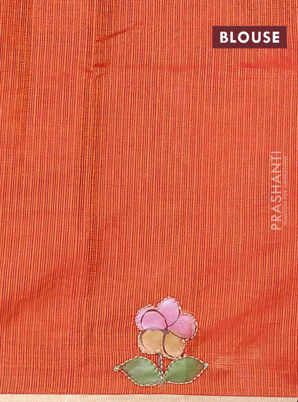 Kota saree rustic orange with hand prints & kantha stitch work and zari woven piping border