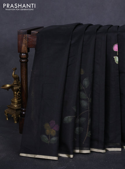 Kota saree black with hand prints & kantha stitch work and zari woven piping border