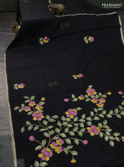 Kota saree black with hand prints & kantha stitch work and zari woven piping border