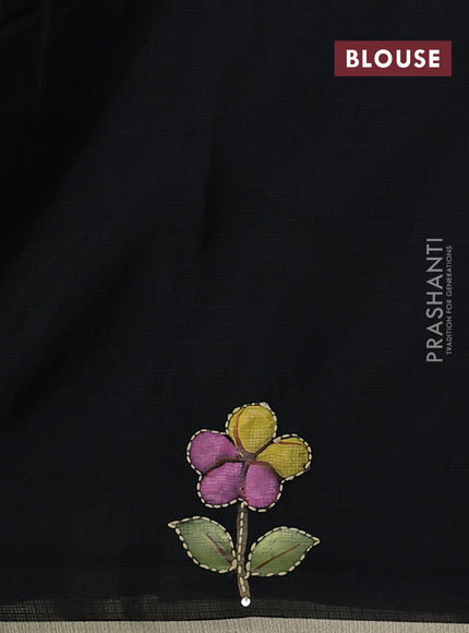 Kota saree black with hand prints & kantha stitch work and zari woven piping border