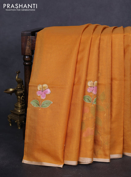 Kota saree mustard yellow with hand prints & kantha stitch work and zari woven piping border