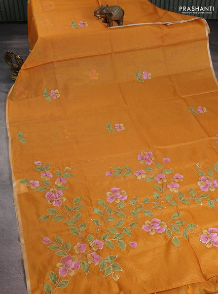 Kota saree mustard yellow with hand prints & kantha stitch work and zari woven piping border