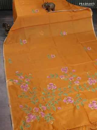 Kota saree mustard yellow with hand prints & kantha stitch work and zari woven piping border