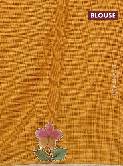 Kota saree mustard yellow with hand prints & kantha stitch work and zari woven piping border