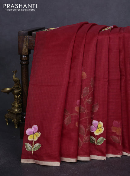 Kota saree red with hand prints & kantha stitch work and zari woven piping border