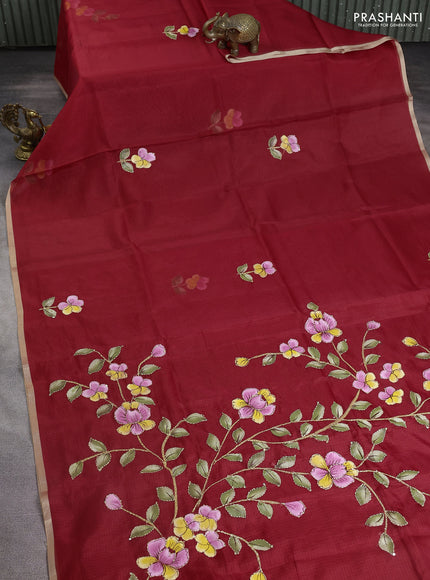 Kota saree red with hand prints & kantha stitch work and zari woven piping border