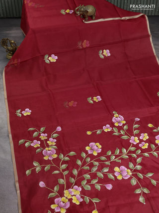Kota saree red with hand prints & kantha stitch work and zari woven piping border