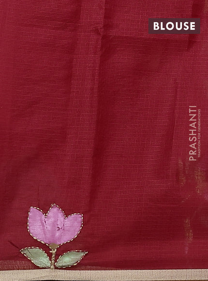 Kota saree red with hand prints & kantha stitch work and zari woven piping border