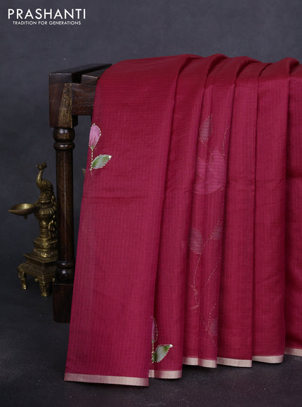 Kota saree pink with hand prints & kantha stitch work and zari woven piping border