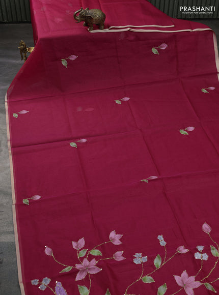 Kota saree pink with hand prints & kantha stitch work and zari woven piping border