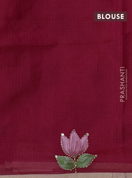 Kota saree pink with hand prints & kantha stitch work and zari woven piping border