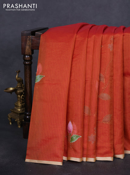 Kota saree rustic orange with hand prints & kantha stitch work and zari woven piping border