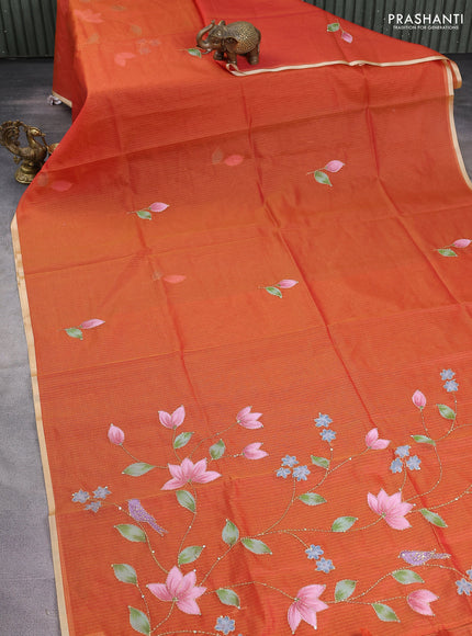 Kota saree rustic orange with hand prints & kantha stitch work and zari woven piping border