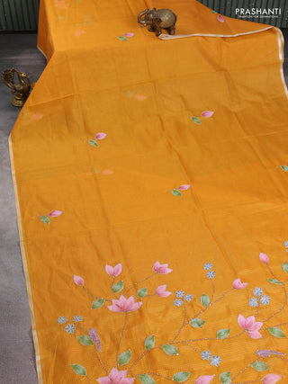 Kota saree mustard yellow with hand prints & kantha stitch work and zari woven piping border