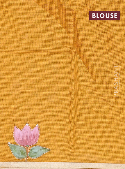 Kota saree mustard yellow with hand prints & kantha stitch work and zari woven piping border