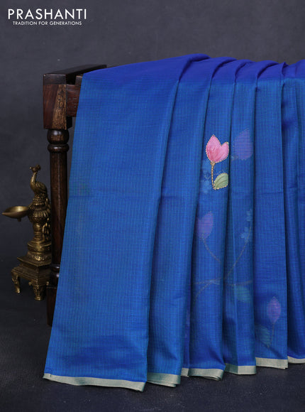 Kota saree dual shade of bluish green with hand prints & kantha stitch work and zari woven piping border