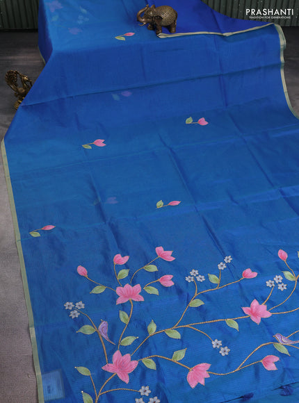 Kota saree dual shade of bluish green with hand prints & kantha stitch work and zari woven piping border
