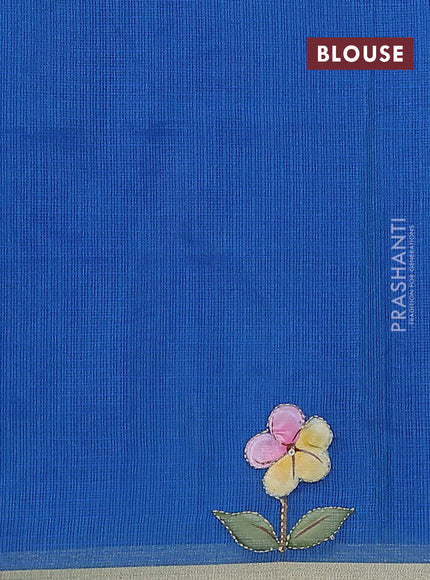 Kota saree dual shade of bluish green with hand prints & kantha stitch work and zari woven piping border