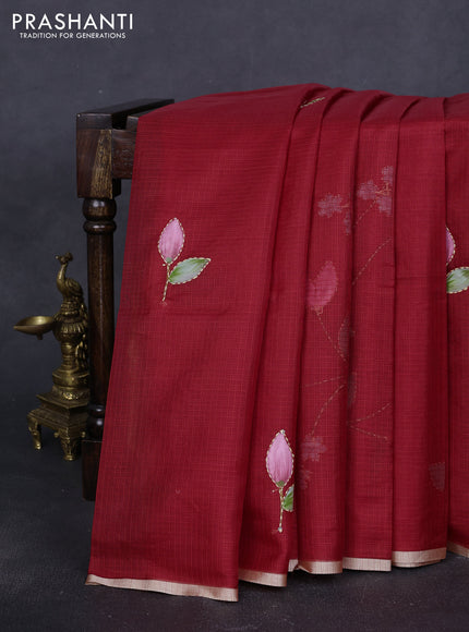 Kota saree red with hand prints & kantha stitch work and zari woven piping border