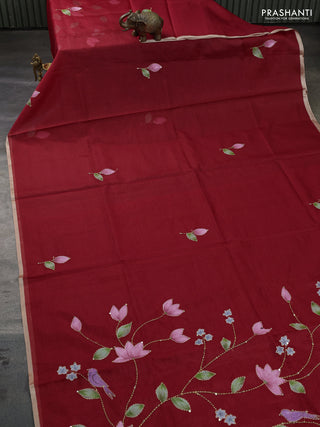 Kota saree red with hand prints & kantha stitch work and zari woven piping border